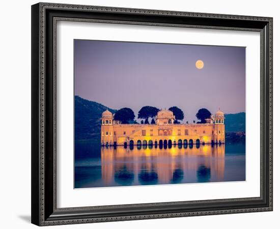 Vintage Retro Hipster Style Travel Image of Rajasthan Landmark - Jal Mahal (Water Palace) on Man Sa-f9photos-Framed Photographic Print