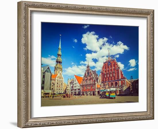 Vintage Retro Hipster Style Travel Image of  Riga Town Hall Square, House of the Blackheads and St.-f9photos-Framed Photographic Print