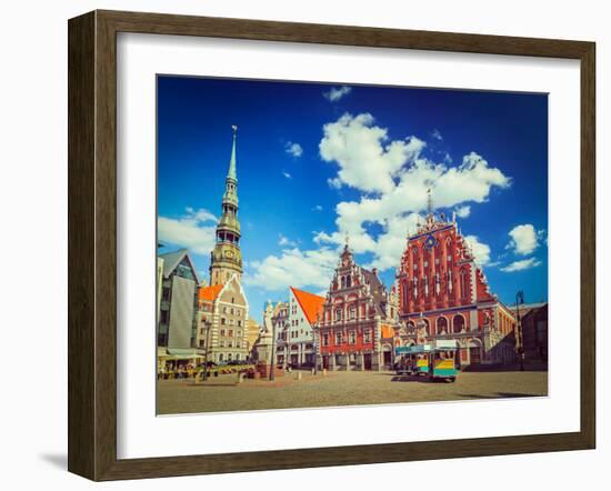 Vintage Retro Hipster Style Travel Image of  Riga Town Hall Square, House of the Blackheads and St.-f9photos-Framed Photographic Print