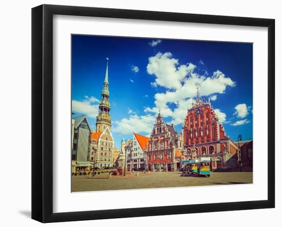 Vintage Retro Hipster Style Travel Image of  Riga Town Hall Square, House of the Blackheads and St.-f9photos-Framed Photographic Print