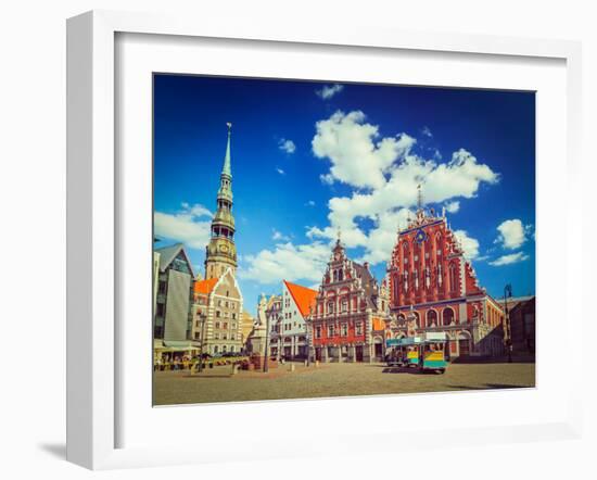 Vintage Retro Hipster Style Travel Image of  Riga Town Hall Square, House of the Blackheads and St.-f9photos-Framed Photographic Print