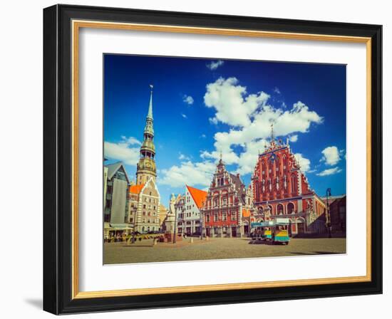 Vintage Retro Hipster Style Travel Image of  Riga Town Hall Square, House of the Blackheads and St.-f9photos-Framed Photographic Print