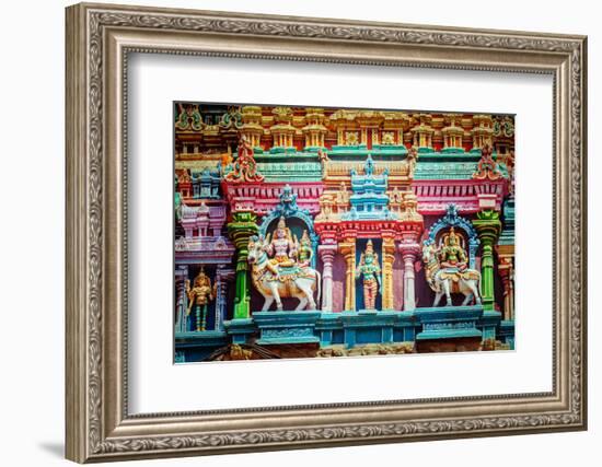 Vintage Retro Hipster Style Travel Image of Shiva and Parvati on Bull Images. Sculptures on Hindu T-f9photos-Framed Photographic Print