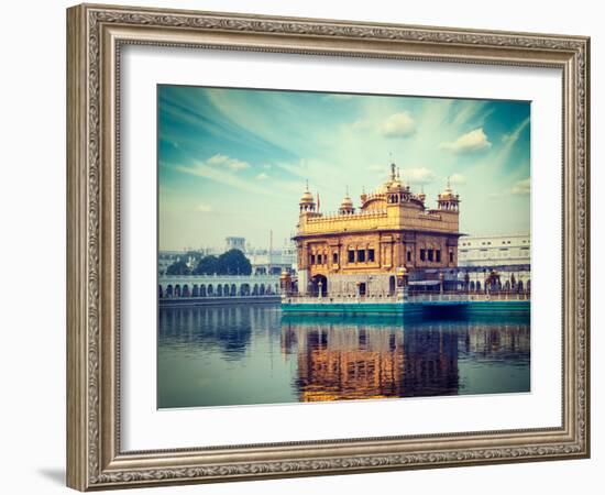 Vintage Retro Hipster Style Travel Image of Sikh Gurdwara Golden Temple (Harmandir Sahib). Amritsar-f9photos-Framed Photographic Print