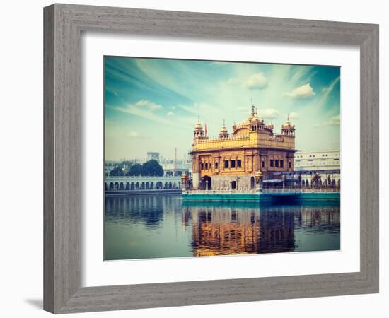 Vintage Retro Hipster Style Travel Image of Sikh Gurdwara Golden Temple (Harmandir Sahib). Amritsar-f9photos-Framed Photographic Print