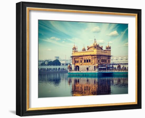 Vintage Retro Hipster Style Travel Image of Sikh Gurdwara Golden Temple (Harmandir Sahib). Amritsar-f9photos-Framed Photographic Print