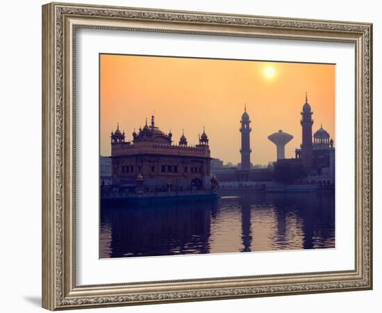 Vintage Retro Hipster Style Travel Image of Sikh Gurdwara Golden Temple (Harmandir Sahib) on Sunris-f9photos-Framed Photographic Print