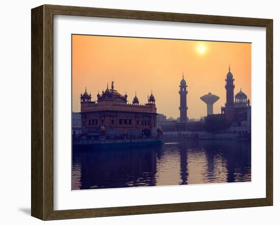 Vintage Retro Hipster Style Travel Image of Sikh Gurdwara Golden Temple (Harmandir Sahib) on Sunris-f9photos-Framed Photographic Print