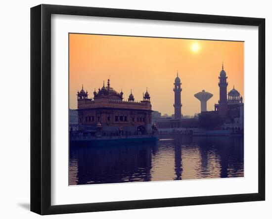 Vintage Retro Hipster Style Travel Image of Sikh Gurdwara Golden Temple (Harmandir Sahib) on Sunris-f9photos-Framed Photographic Print