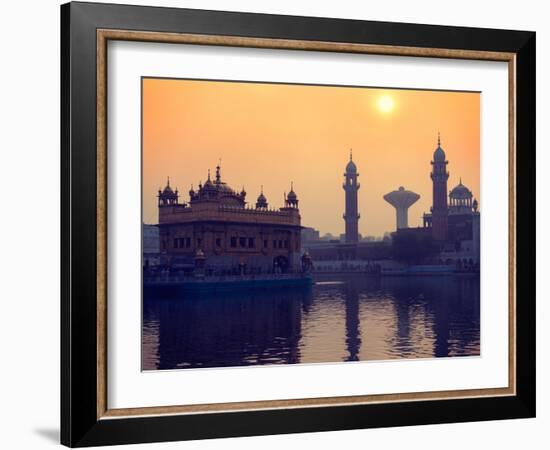 Vintage Retro Hipster Style Travel Image of Sikh Gurdwara Golden Temple (Harmandir Sahib) on Sunris-f9photos-Framed Photographic Print