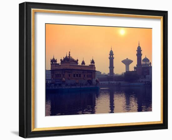 Vintage Retro Hipster Style Travel Image of Sikh Gurdwara Golden Temple (Harmandir Sahib) on Sunris-f9photos-Framed Photographic Print