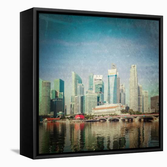 Vintage Retro Hipster Style Travel Image of Singapore Business District Skyscrapers and Marina Bay-f9photos-Framed Premier Image Canvas