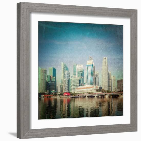 Vintage Retro Hipster Style Travel Image of Singapore Business District Skyscrapers and Marina Bay-f9photos-Framed Photographic Print