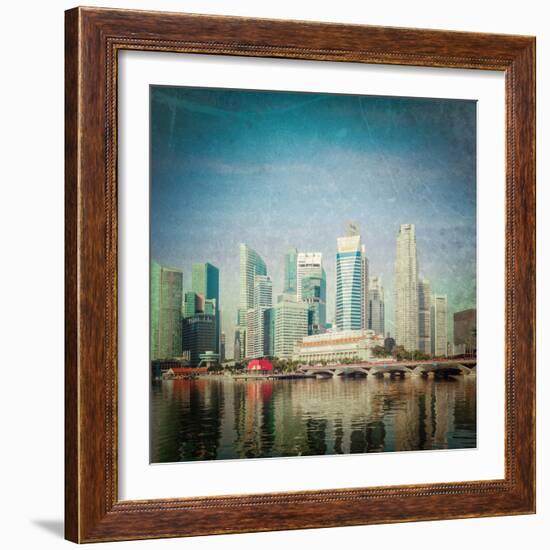 Vintage Retro Hipster Style Travel Image of Singapore Business District Skyscrapers and Marina Bay-f9photos-Framed Photographic Print