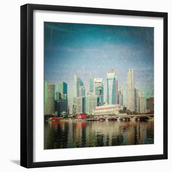 Vintage Retro Hipster Style Travel Image of Singapore Business District Skyscrapers and Marina Bay-f9photos-Framed Photographic Print