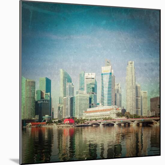 Vintage Retro Hipster Style Travel Image of Singapore Business District Skyscrapers and Marina Bay-f9photos-Mounted Photographic Print