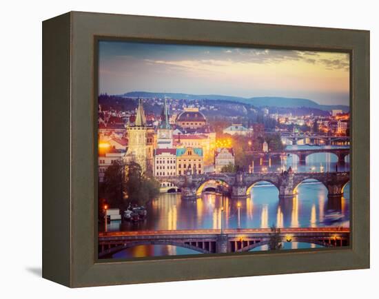 Vintage Retro Hipster Style Travel Image of Travel Prague Concept Background - Elevated View of Bri-f9photos-Framed Premier Image Canvas