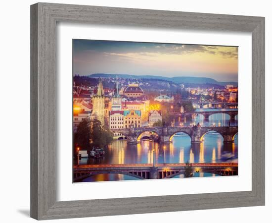 Vintage Retro Hipster Style Travel Image of Travel Prague Concept Background - Elevated View of Bri-f9photos-Framed Photographic Print