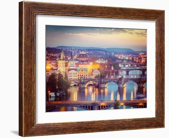 Vintage Retro Hipster Style Travel Image of Travel Prague Concept Background - Elevated View of Bri-f9photos-Framed Photographic Print