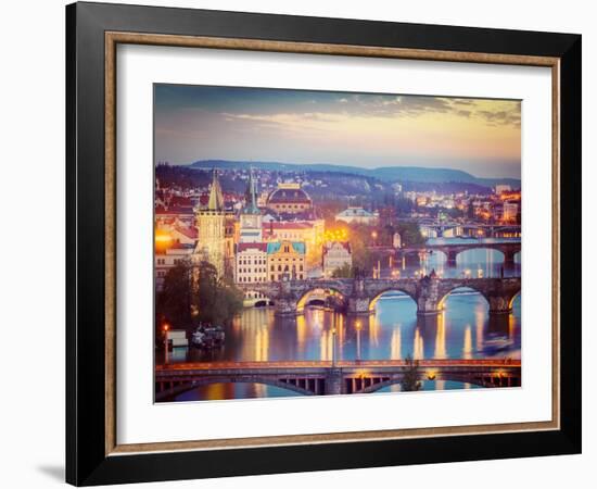 Vintage Retro Hipster Style Travel Image of Travel Prague Concept Background - Elevated View of Bri-f9photos-Framed Photographic Print