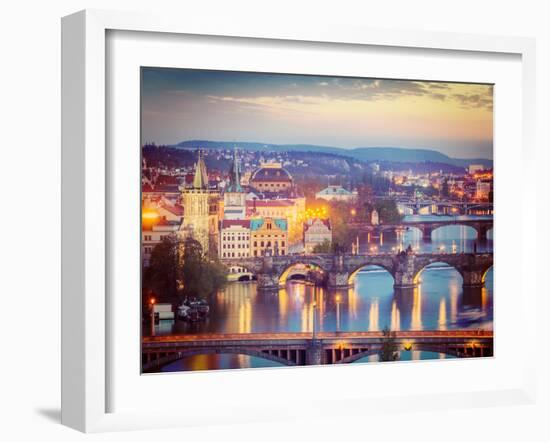 Vintage Retro Hipster Style Travel Image of Travel Prague Concept Background - Elevated View of Bri-f9photos-Framed Photographic Print