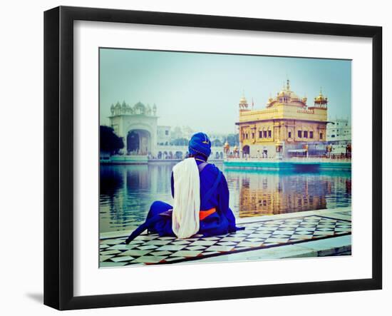 Vintage Retro Hipster Style Travel Image of Unidentifiable Seekh Nihang Warrior Meditating at Sikh-f9photos-Framed Photographic Print