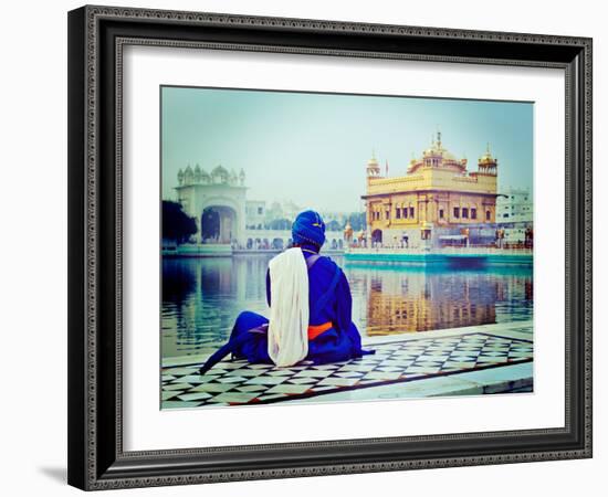 Vintage Retro Hipster Style Travel Image of Unidentifiable Seekh Nihang Warrior Meditating at Sikh-f9photos-Framed Photographic Print