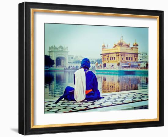 Vintage Retro Hipster Style Travel Image of Unidentifiable Seekh Nihang Warrior Meditating at Sikh-f9photos-Framed Photographic Print