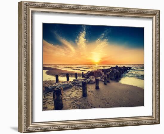 Vintage Retro Photo of Beach at Sunset.-Maciej Bledowski-Framed Photographic Print