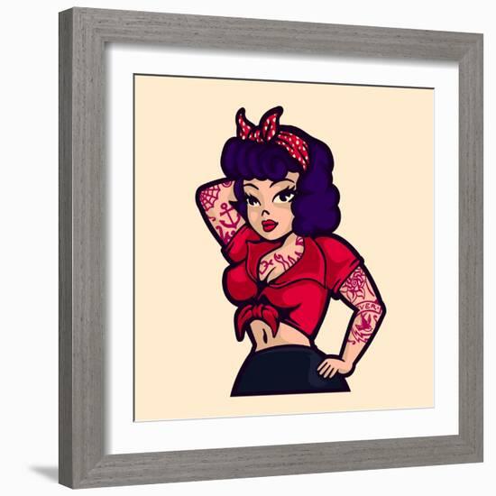 Vintage Rockabilly Pin-Up Woman Posing with Vintage Clothes and Tattoos Cartoon Vector Illustration-durantelallera-Framed Premium Giclee Print