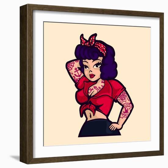 Vintage Rockabilly Pin-Up Woman Posing with Vintage Clothes and Tattoos Cartoon Vector Illustration-durantelallera-Framed Premium Giclee Print