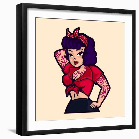 Vintage Rockabilly Pin-Up Woman Posing with Vintage Clothes and Tattoos Cartoon Vector Illustration-durantelallera-Framed Premium Giclee Print