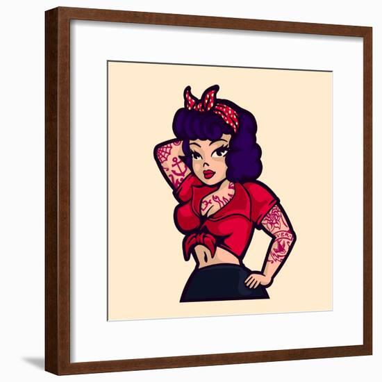 Vintage Rockabilly Pin-Up Woman Posing with Vintage Clothes and Tattoos Cartoon Vector Illustration-durantelallera-Framed Premium Giclee Print