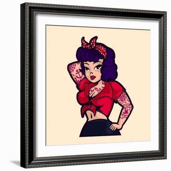 Vintage Rockabilly Pin-Up Woman Posing with Vintage Clothes and Tattoos Cartoon Vector Illustration-durantelallera-Framed Premium Giclee Print