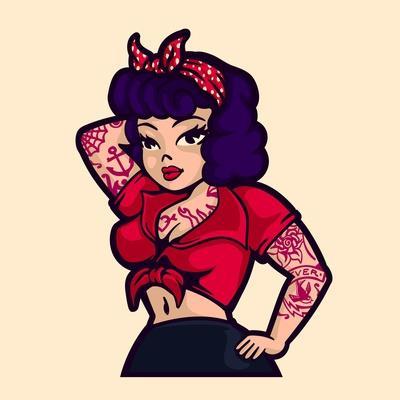 Vintage Rockabilly Pin-Up Woman Posing with Vintage Clothes and Tattoos  Cartoon Vector Illustration' Art Print - durantelallera