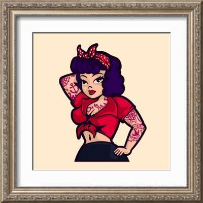 Vintage Rockabilly Pin-Up Woman Posing with Vintage Clothes and Tattoos  Cartoon Vector Illustration' Art Print - durantelallera