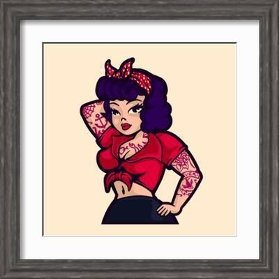 Vintage Rockabilly Pin-Up Woman Posing with Vintage Clothes and
