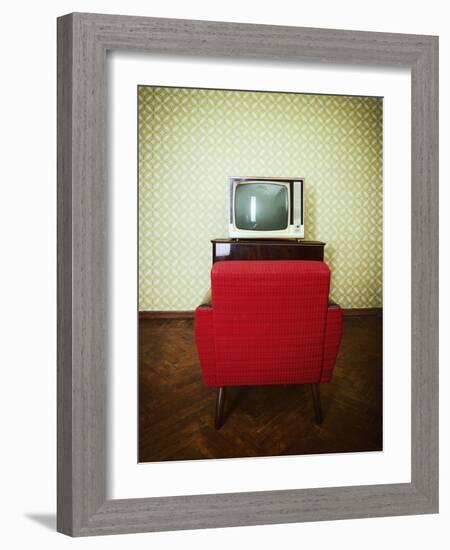 Vintage Room with Two Old Fashioned Armchair and Retro Tv over Obsolete Wallpaper. Toned-khorzhevska-Framed Photographic Print