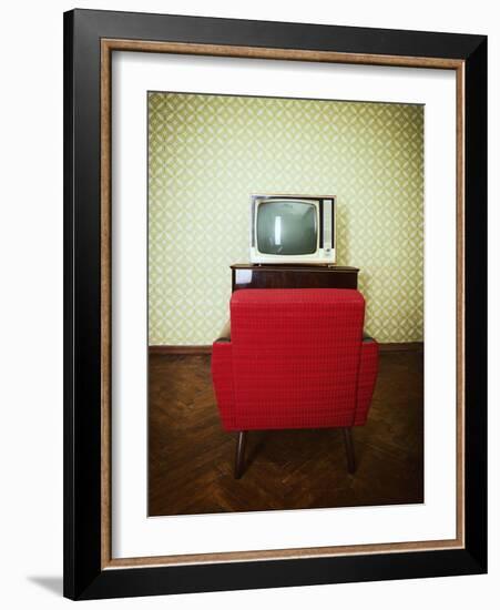 Vintage Room with Two Old Fashioned Armchair and Retro Tv over Obsolete Wallpaper. Toned-khorzhevska-Framed Photographic Print