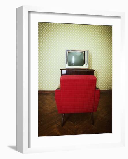 Vintage Room with Two Old Fashioned Armchair and Retro Tv over Obsolete Wallpaper. Toned-khorzhevska-Framed Photographic Print