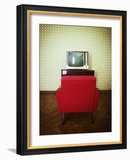 Vintage Room with Two Old Fashioned Armchair and Retro Tv over Obsolete Wallpaper. Toned-khorzhevska-Framed Photographic Print