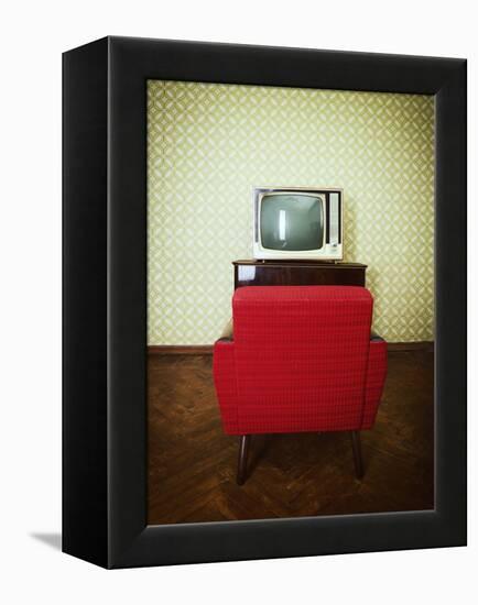 Vintage Room with Two Old Fashioned Armchair and Retro Tv over Obsolete Wallpaper. Toned-khorzhevska-Framed Premier Image Canvas