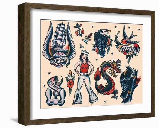 Vintage Sailor Tattoo Flash by Norman Collins, aka, Sailor Jerry-Piddix-Framed Art Print