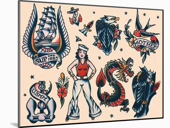 Vintage Sailor Tattoo Flash by Norman Collins, aka, Sailor Jerry-Piddix-Mounted Art Print