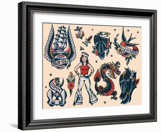 Vintage Sailor Tattoo Flash by Norman Collins, aka, Sailor Jerry-Piddix-Framed Art Print