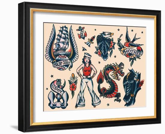 Vintage Sailor Tattoo Flash by Norman Collins, aka, Sailor Jerry-Piddix-Framed Art Print