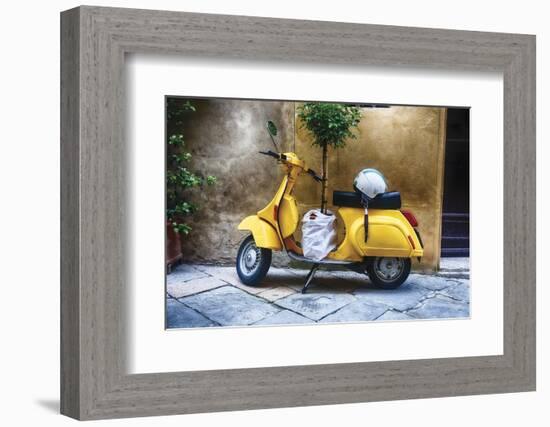 Vintage Sccooter With a Small Tree Parked along a House, Pienza, Tuscany, Italy-George Oze-Framed Photographic Print