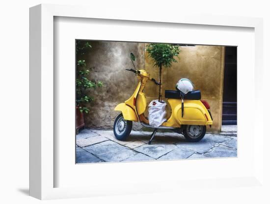 Vintage Sccooter With a Small Tree Parked along a House, Pienza, Tuscany, Italy-George Oze-Framed Photographic Print