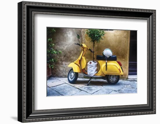 Vintage Sccooter With a Small Tree Parked along a House, Pienza, Tuscany, Italy-George Oze-Framed Photographic Print