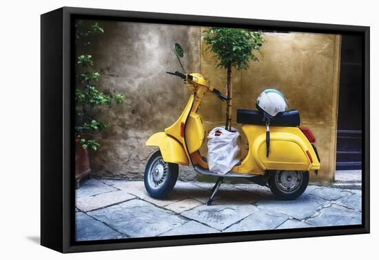 Vintage Sccooter With a Small Tree Parked along a House, Pienza, Tuscany, Italy-George Oze-Framed Premier Image Canvas